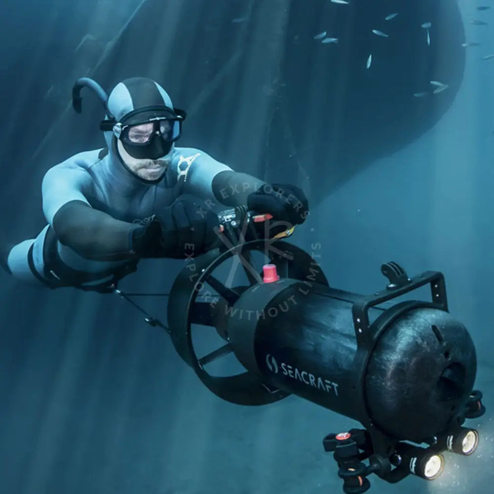 Black DIR diving seacraft underwater vehicle with illuminated lights and circular wheel design visible from the back side
