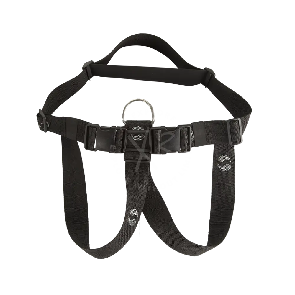 Black nylon diver towing harness with adjustable buckles and metal d-ring for secure dog control