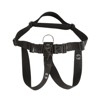 Black nylon diver towing harness with adjustable buckles and metal d-ring for secure dog control