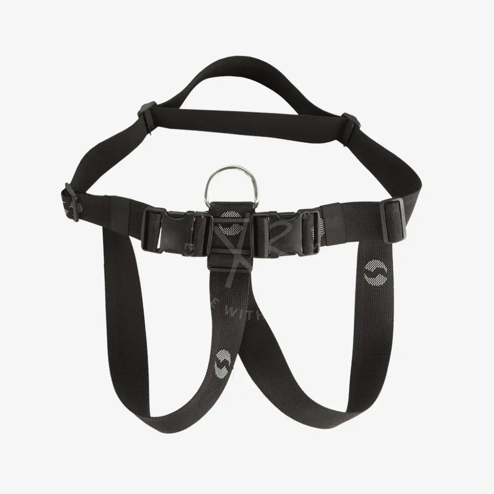 Black nylon diver towing harness with adjustable buckles and metal d-ring for secure dog control