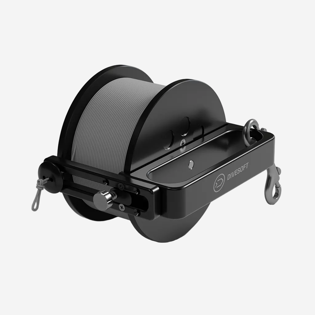 Divesoft Primary Reel machined from Delrin with 150m line for cave diving in Kuwait