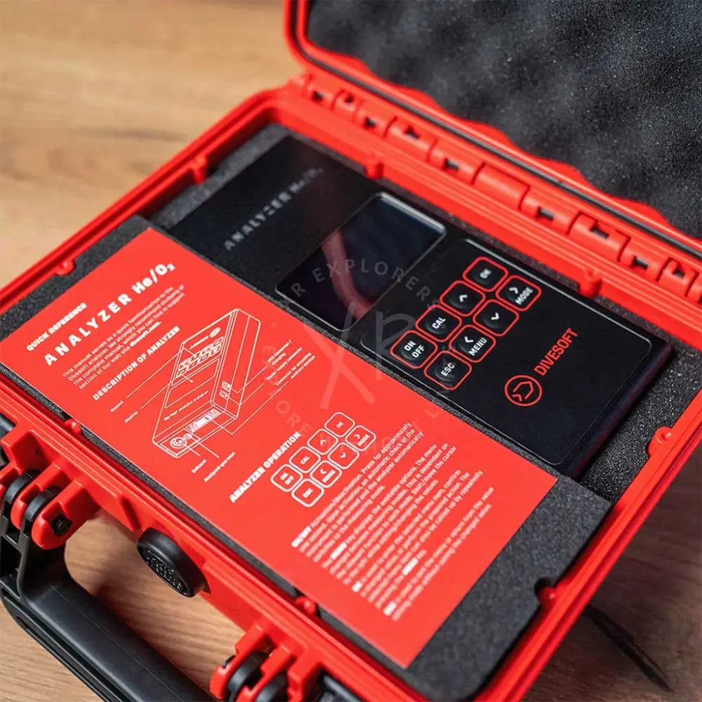 Red and black divesoft analyzer m0/6 in a rugged protective case for professional he/o2 blending kit