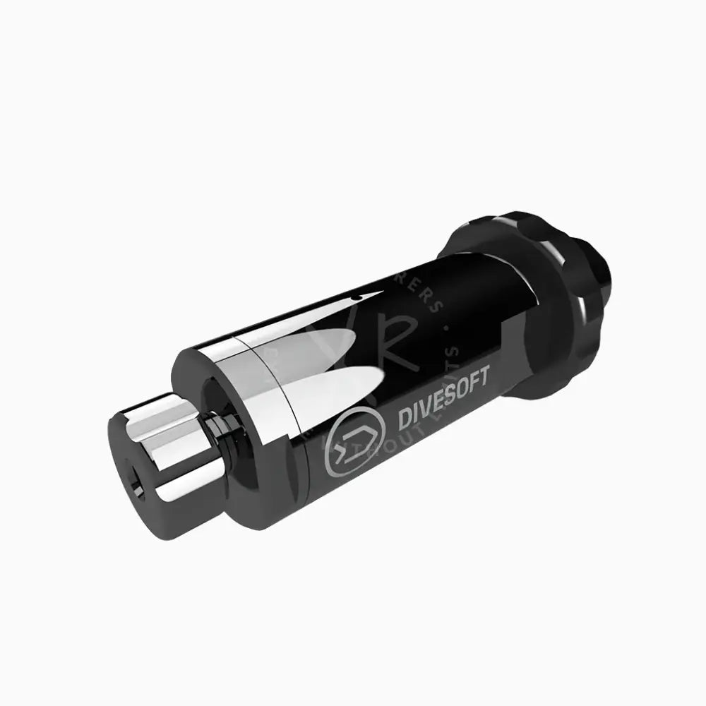 Close up of Divesoft Professional Flow Limiter Mk2 connected to a scuba tank valve