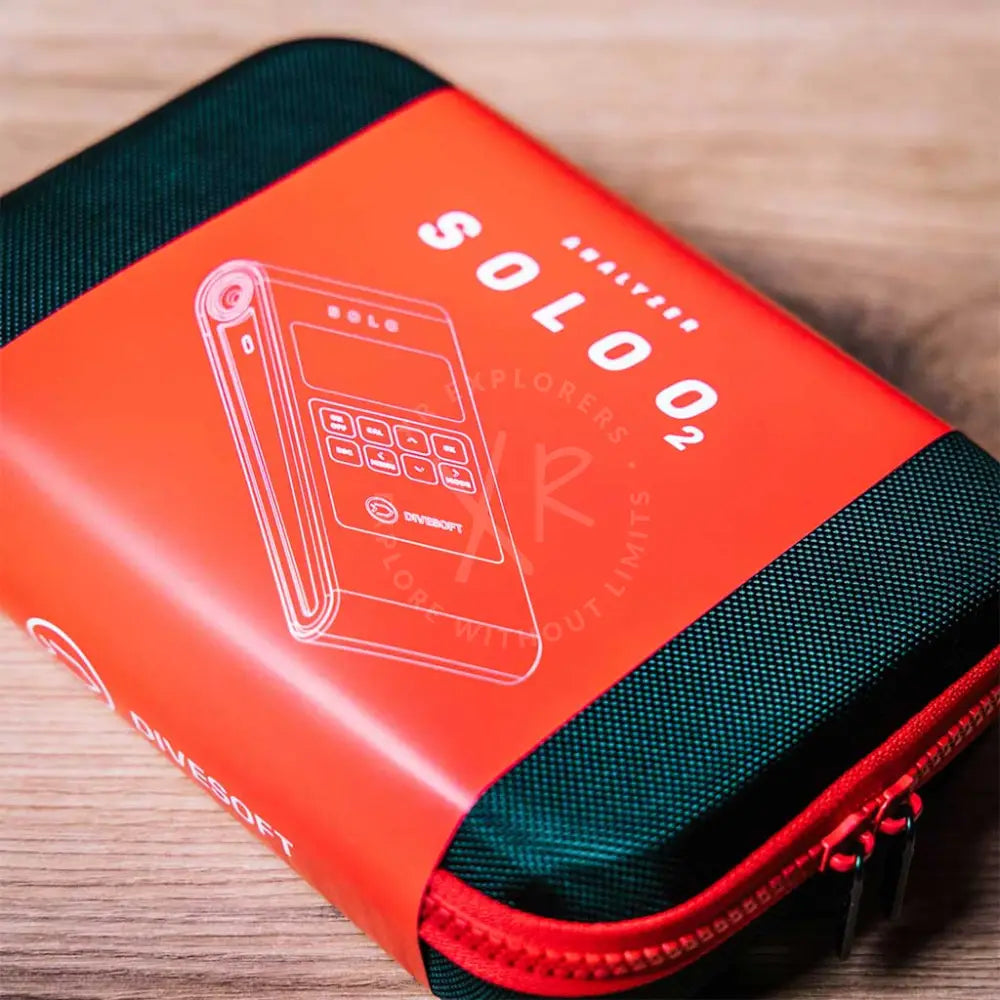 Bright orange and dark green zippered carrying case for the divesoft analyzer solo o2 nitrox analyzer upgradeable model
