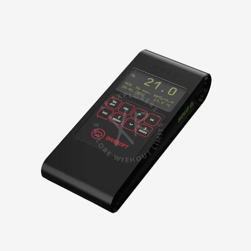 A Divesoft SOLO O2 oxygen analyzer with a digital screen displaying a reading, housed in a black casing with red detailing.