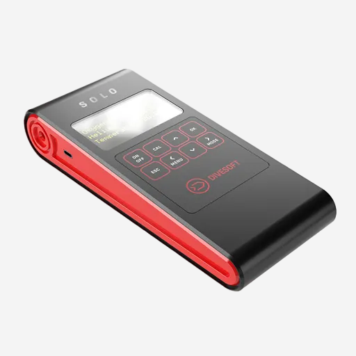A Divesoft Analyzer SOLO, a handheld device for technical diving gas analysis with a digital screen and red detailing.