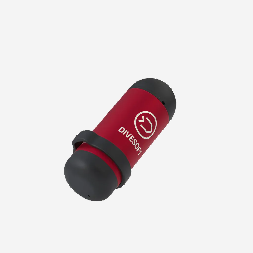 A pocket-sized Divesoft DNA Nitrox Analyzer in red and black color with the brand logo visible on the side.