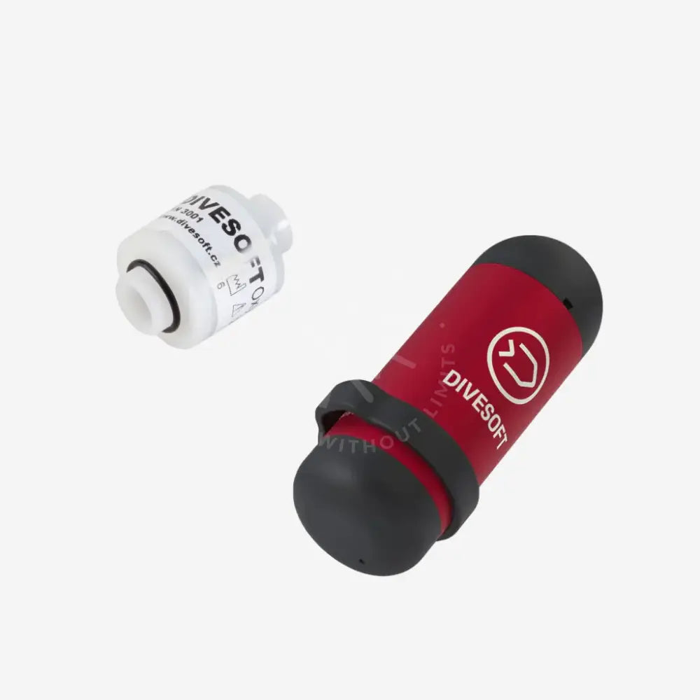 Red and black diving regulator with white component on a white background
