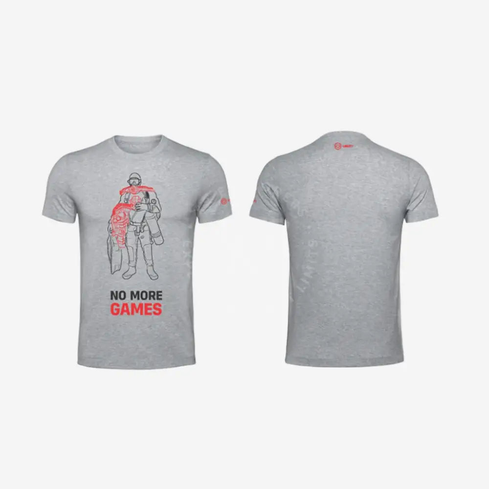Heather grey Divesoft t-shirt with red No More Games slogan