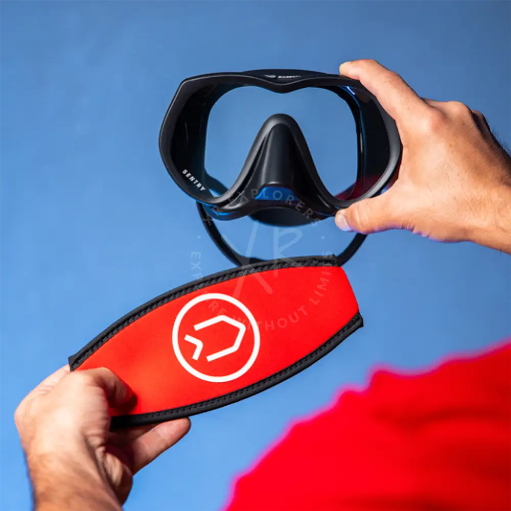 Dive soft sentry frameless scuba mask with neoprene strap black with blue accent and red protective cover with white logo