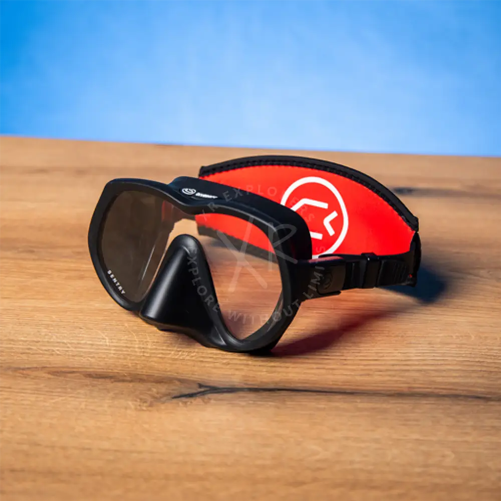 Black and red divesoft sentry frameless diving mask with clear lens and adjustable neoprene strap ergonomic design