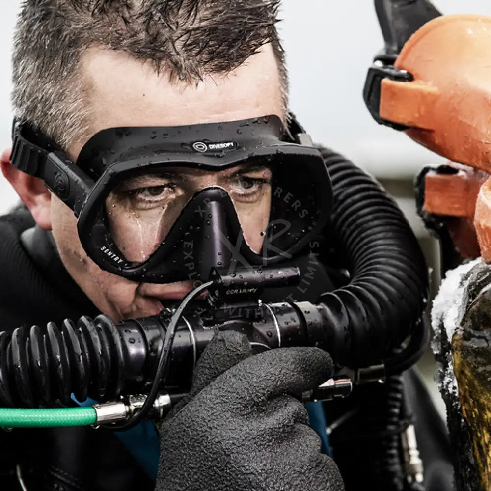 Black waterproof Divesoft SENTRY frameless diving mask with neoprene strap and aqua lung branding visible on side