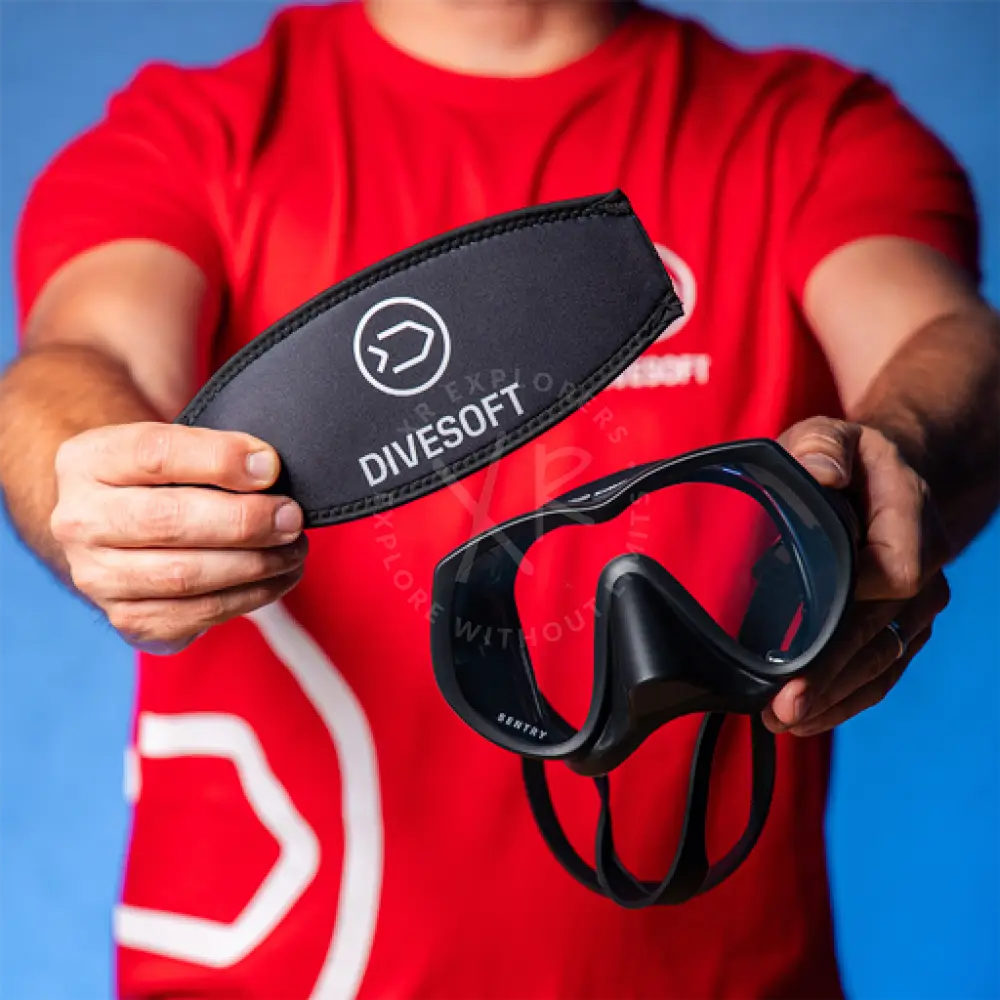 Black silicone divesoft sentry frameless dive mask with adjustable straps and matching neoprene head strap with logo