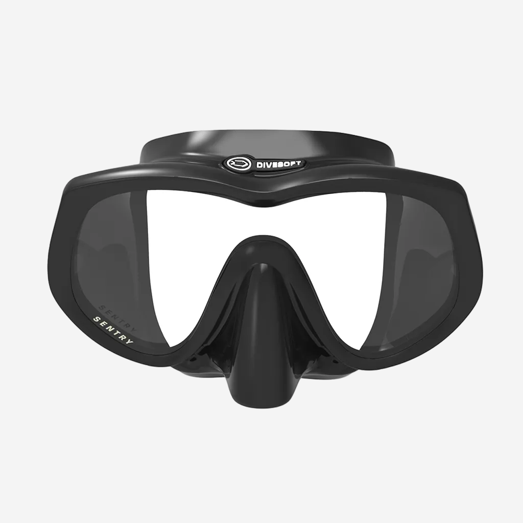 A black Divesoft SENTRY diving mask with a single tempered glass lens and a frameless design.