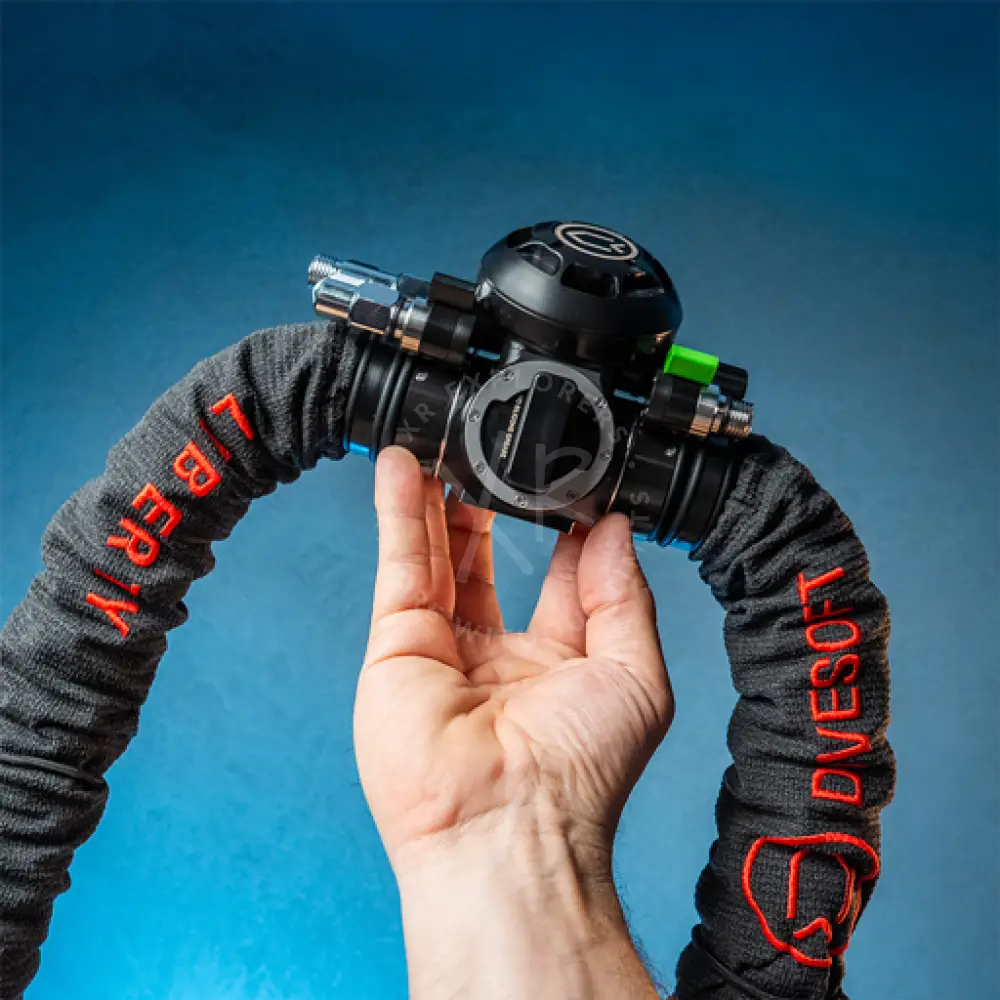 Close up of Liberty and Divesoft embroidered protective covers on breathing hoses