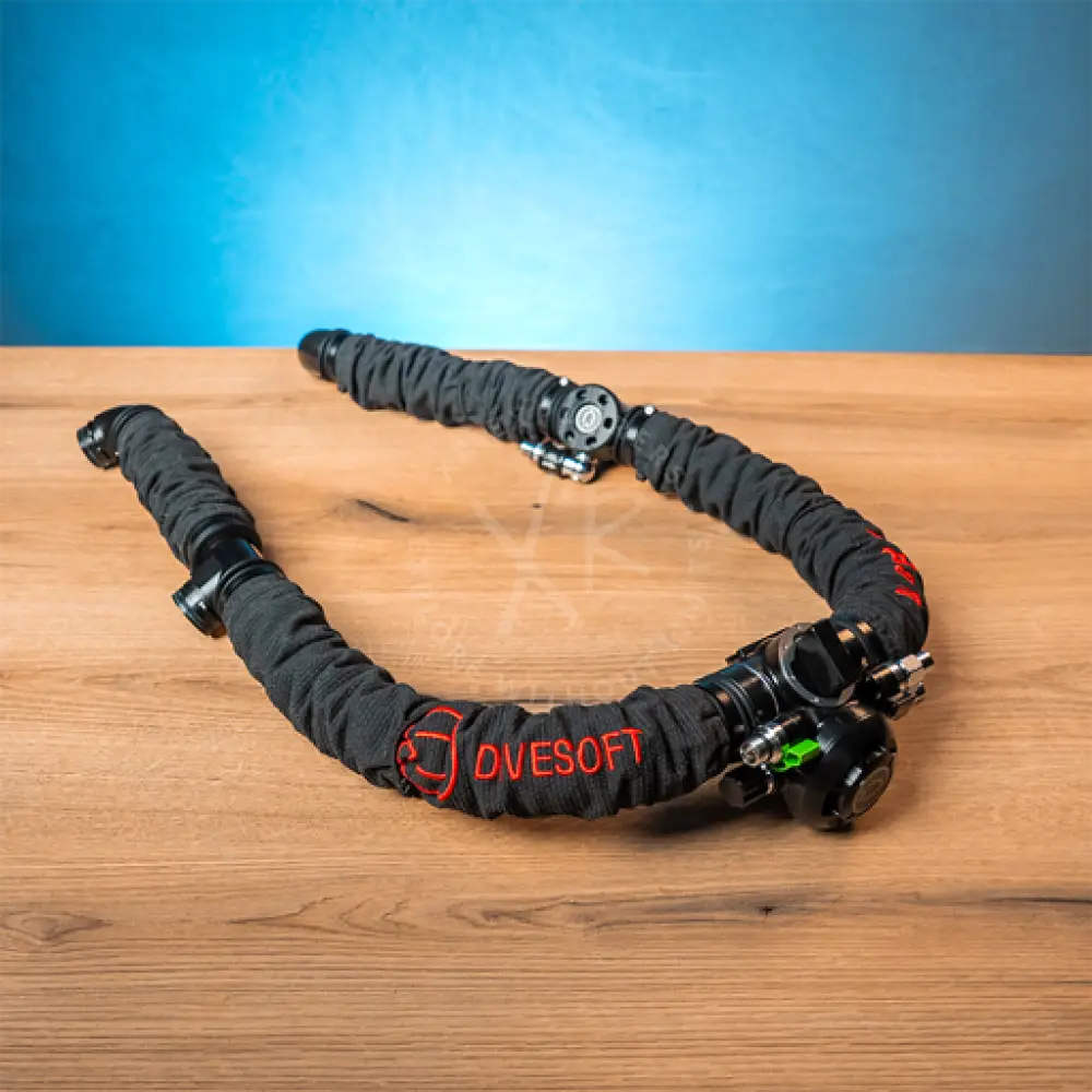 Black fabric-wrapped camera tripod with metal joints and red branding shown from the back for divesoft silicone loop hose kit ccr liberty backmount