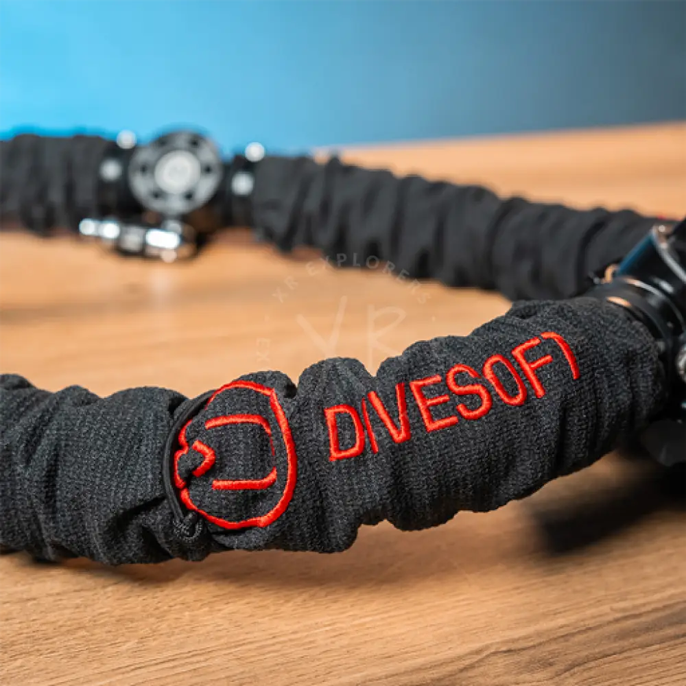 Black elasticated silicone sleeve with red dive soft logo and fish icon for ccr liberty backmount diving kit