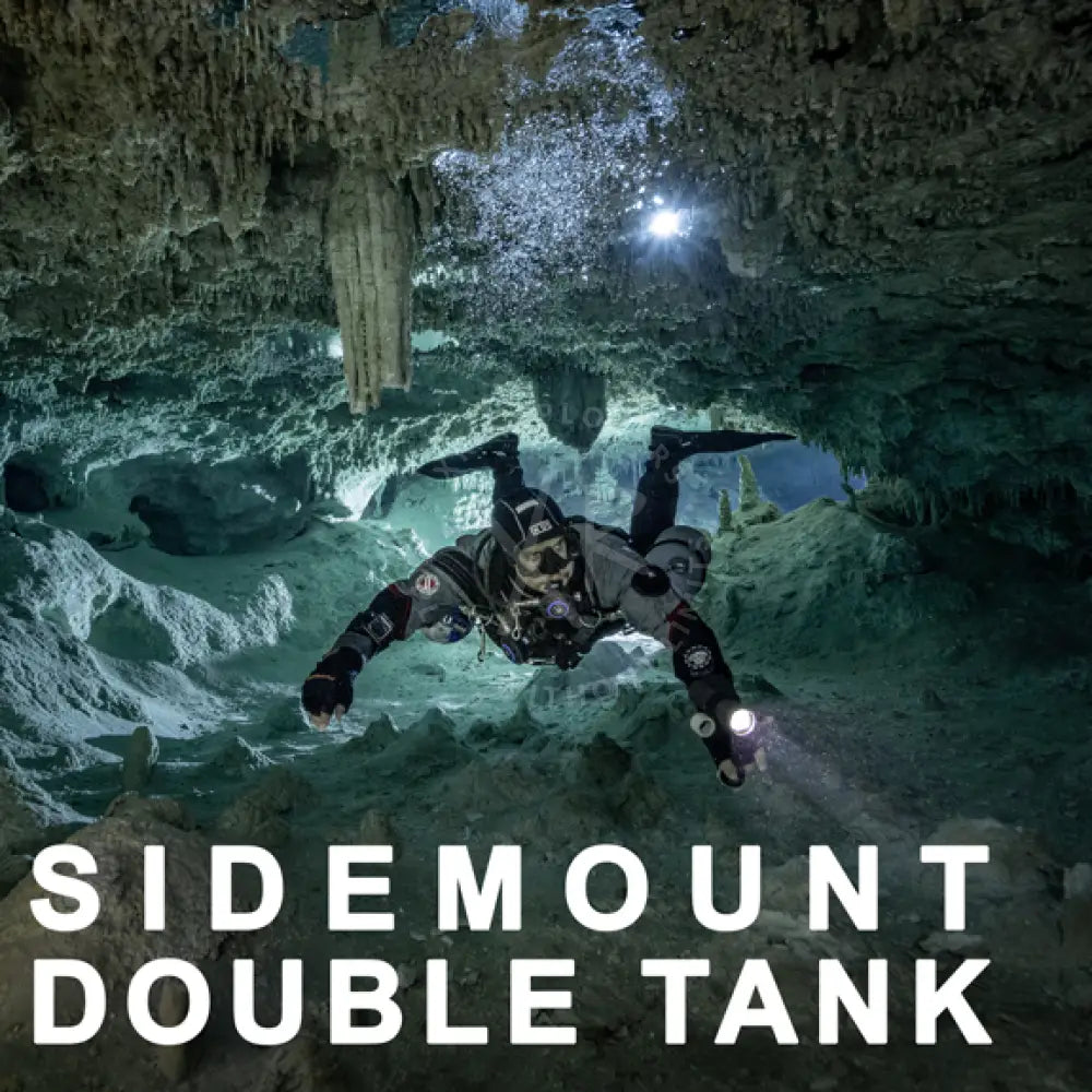 A black and gray side-mount double tank with a sleek streamlined design for underwater diving in Double Sidemount Mastery