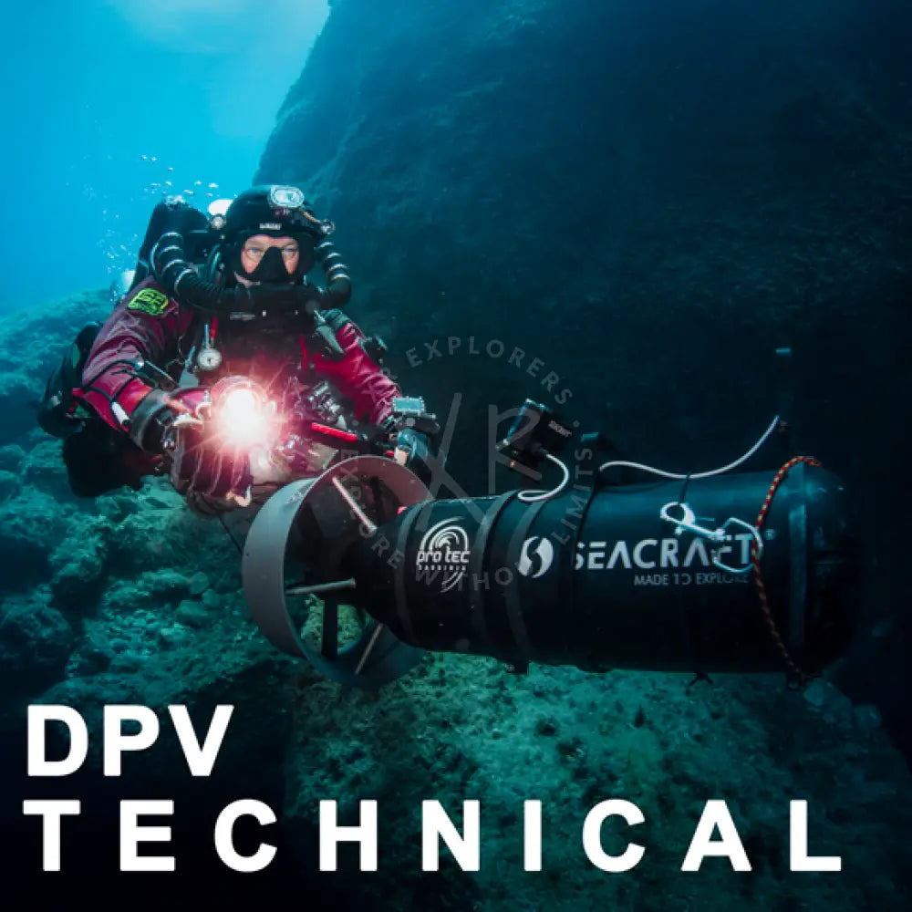 Black seacraft dpv mastery technical underwater vehicle with silver white branding and propeller mounted on diver gear
