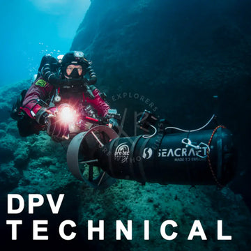 Black seacraft dpv mastery technical underwater vehicle with silver white branding and propeller mounted on diver gear