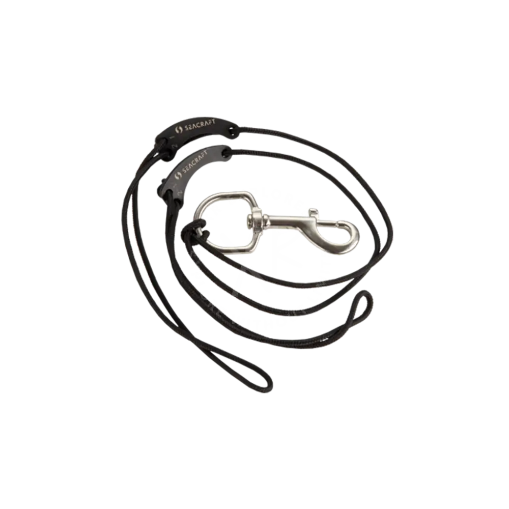 Black seacraft dpv tow cord rope leash with silver metal clasp and reinforced handle for secure towing
