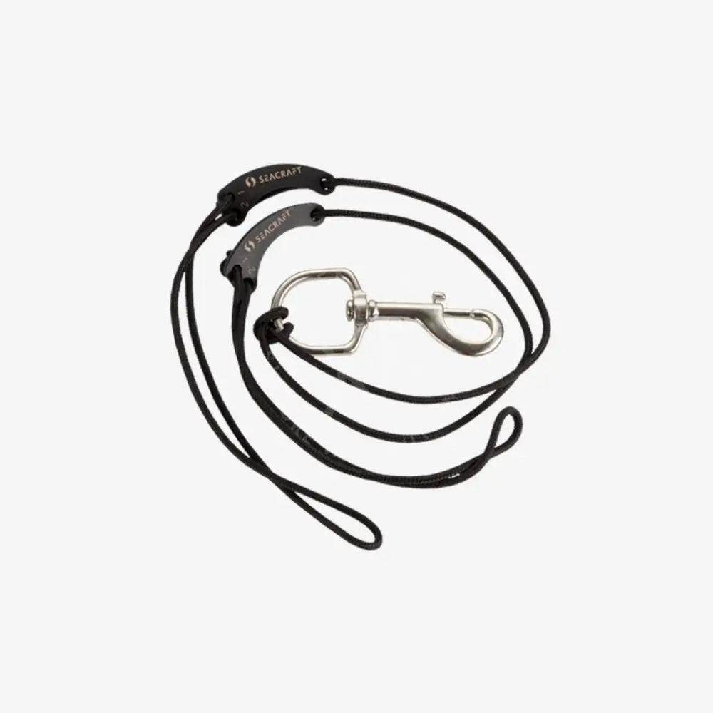 Black seacraft dpv tow cord rope leash with silver metal clasp and reinforced handle for secure towing