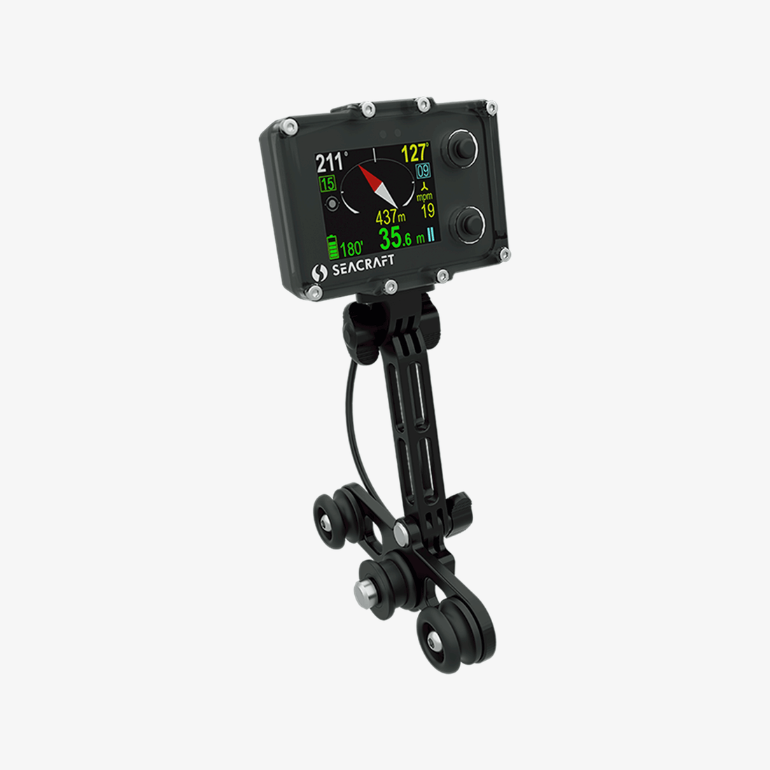 A Seacraft ENC3 Navigation Console unit with a clear display showing compass heading, depth, distance to target, estimated arrival time, speed, and dive time, mounted on a bracket.