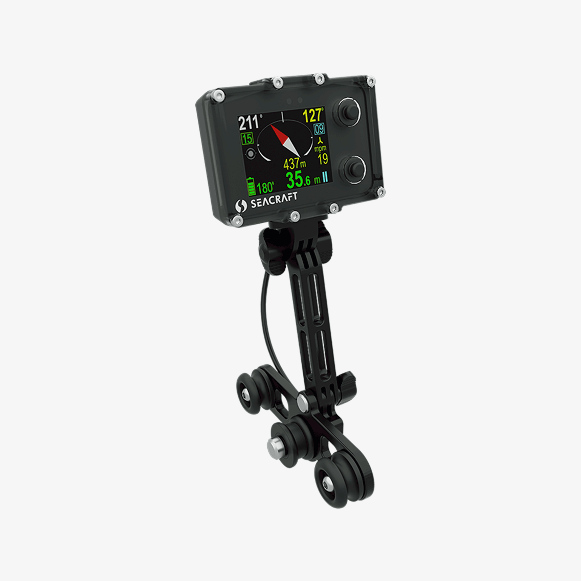 A Seacraft ENC3 Navigation Console unit with a clear display showing compass heading, depth, distance to target, estimated arrival time, speed, and dive time, mounted on a bracket.