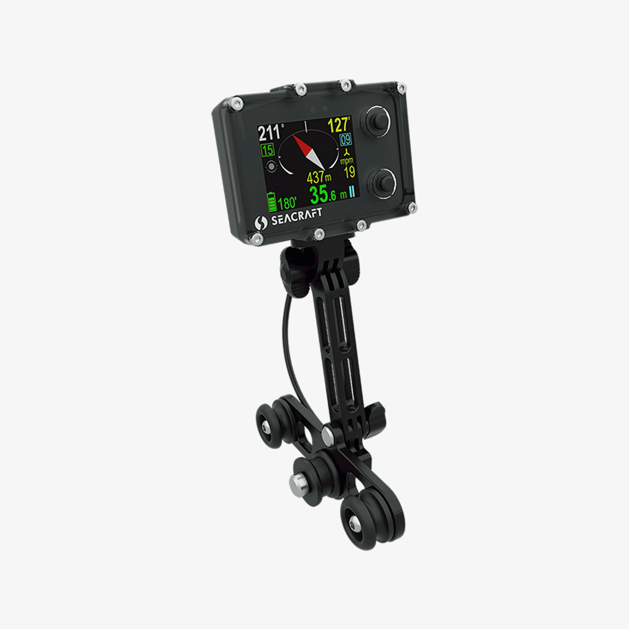 A Seacraft ENC3 Navigation Console unit with a clear display showing compass heading, depth, distance to target, estimated arrival time, speed, and dive time, mounted on a bracket.