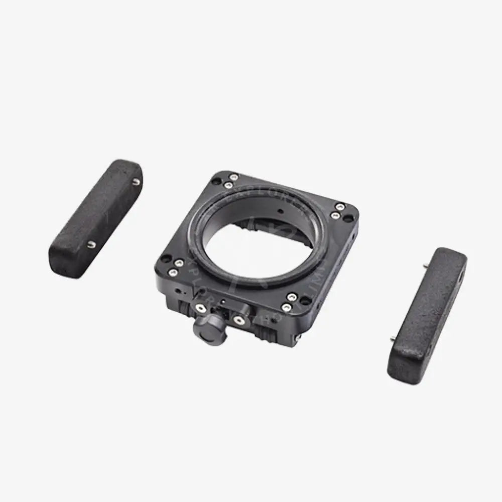 Black plastic floating kit camera mount with two matching side handles for support Moby use