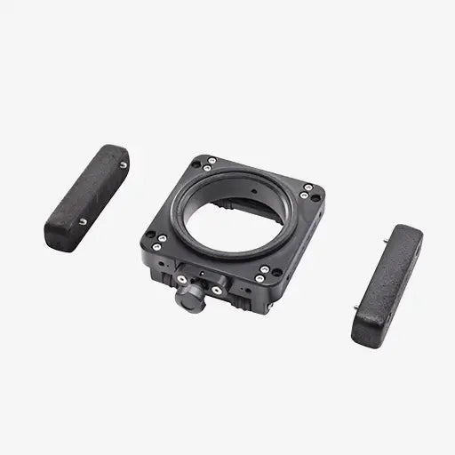 Black plastic floating kit camera mount with two matching side handles for support Moby use