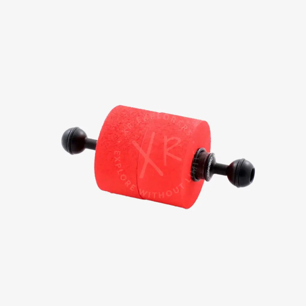 Bright red cylindrical foam roller with black spherical end caps and central mounting bracket floating ring 150g