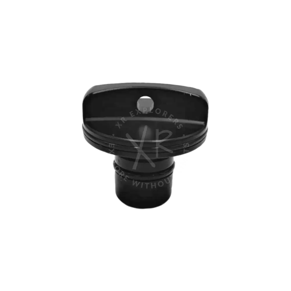 Black plastic GO cap nut with rounded top and central hole designed for secure bottle sealing