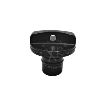 Black plastic GO cap nut with rounded top and central hole designed for secure bottle sealing