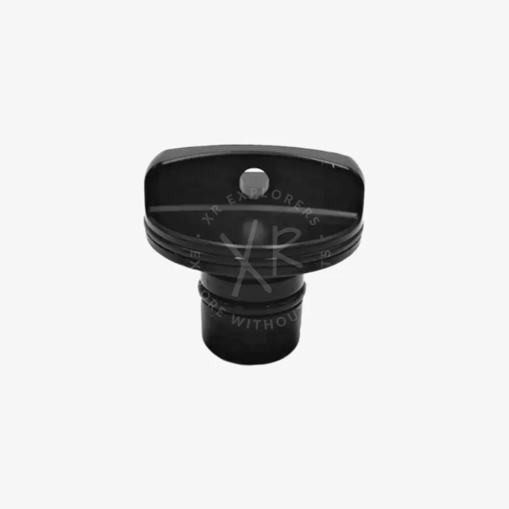 Black plastic GO cap nut with rounded top and central hole designed for secure bottle sealing