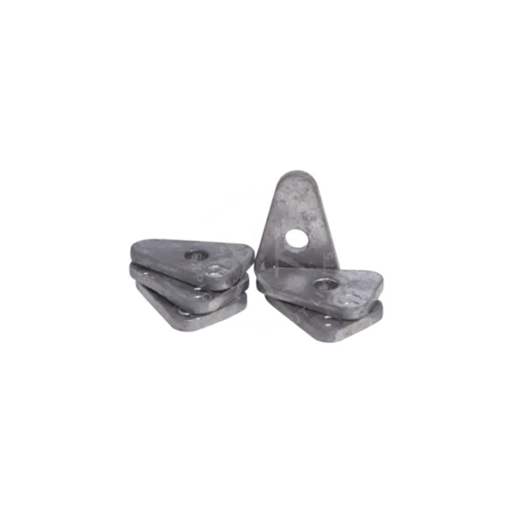 Silver triangular metal brackets with matte finish and circular holes for go trimming weight assembly