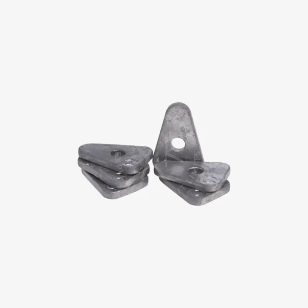 Silver triangular metal brackets with matte finish and circular holes for go trimming weight assembly