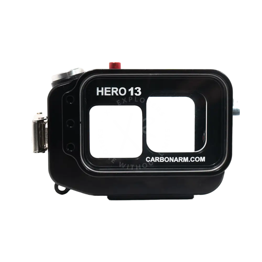 Black waterproof carbonarm.com housing for hero 13 camera with two rectangular cutouts for protection and use