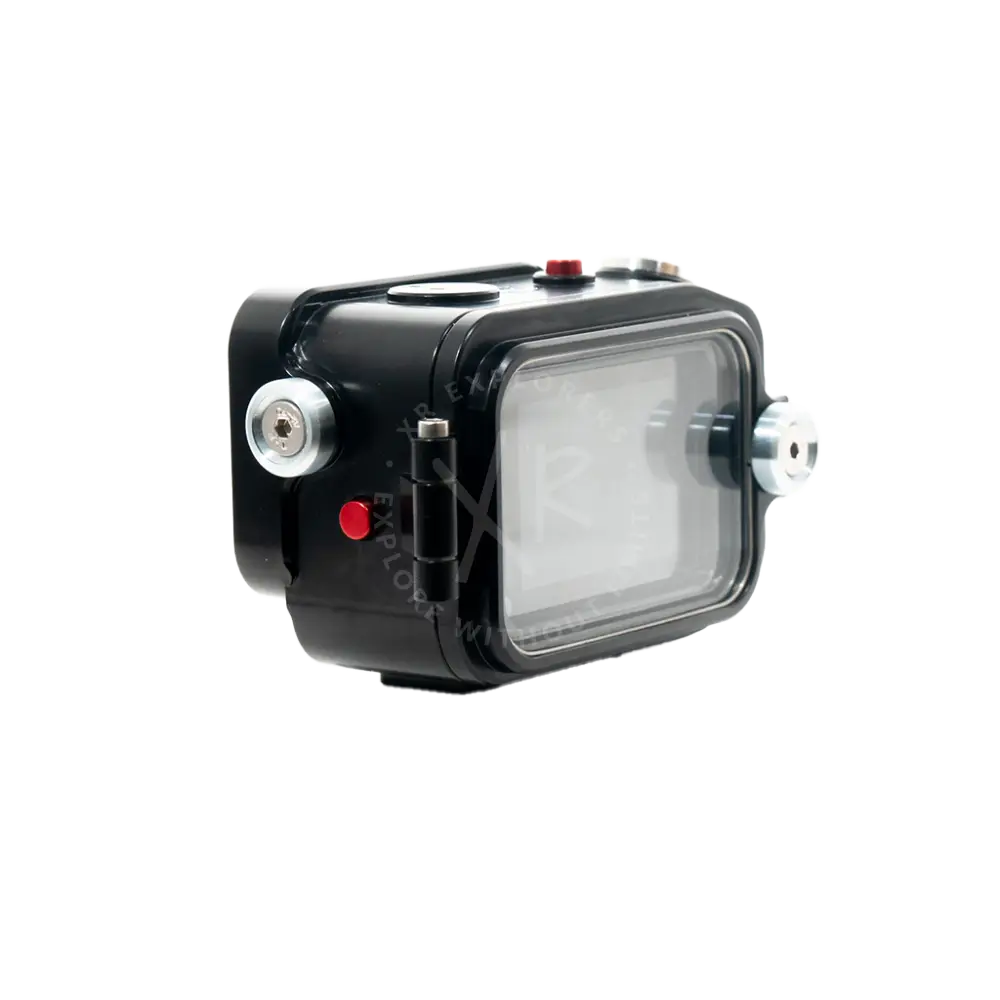Black GoPro waterproof camera housing with clear front panel and silver metal mounting rings for underwater use