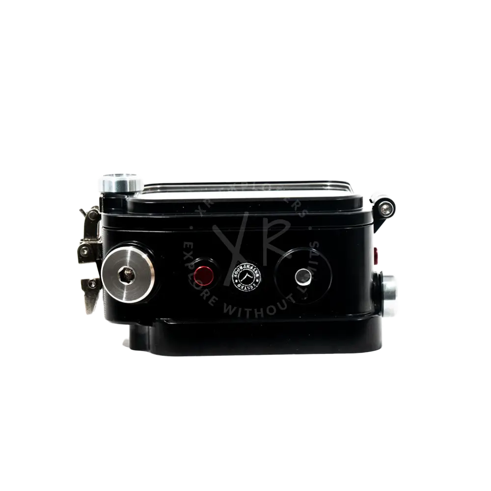 Black waterproof GoPro housing with silver accents and a circular logo on the front for underwater protection
