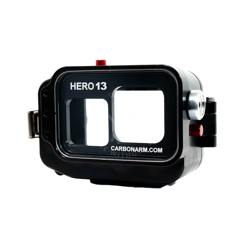 Black waterproof housing for hero 13 camera with clear windows and red buttons for gopro housing use