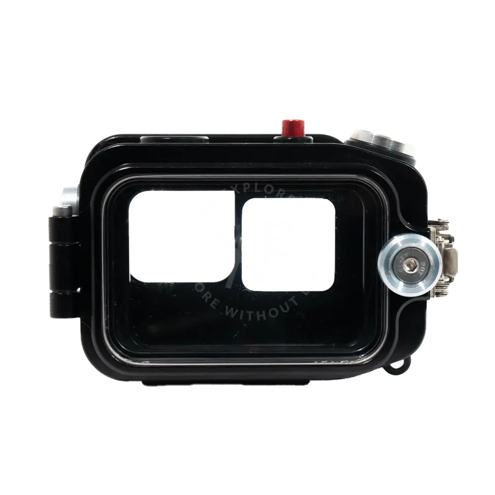 Black waterproof GoPro housing with two rectangular lens openings and a red button on top for underwater use