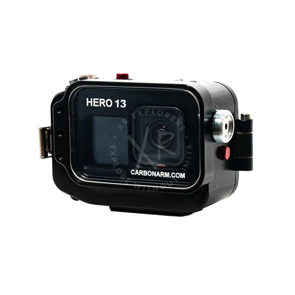 Black waterproof GoPro housing for Hero 13 with sleek carbon fiber design silver accents and red buttons