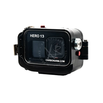 Black waterproof GoPro housing for Hero 13 with sleek carbon fiber design silver accents and red buttons