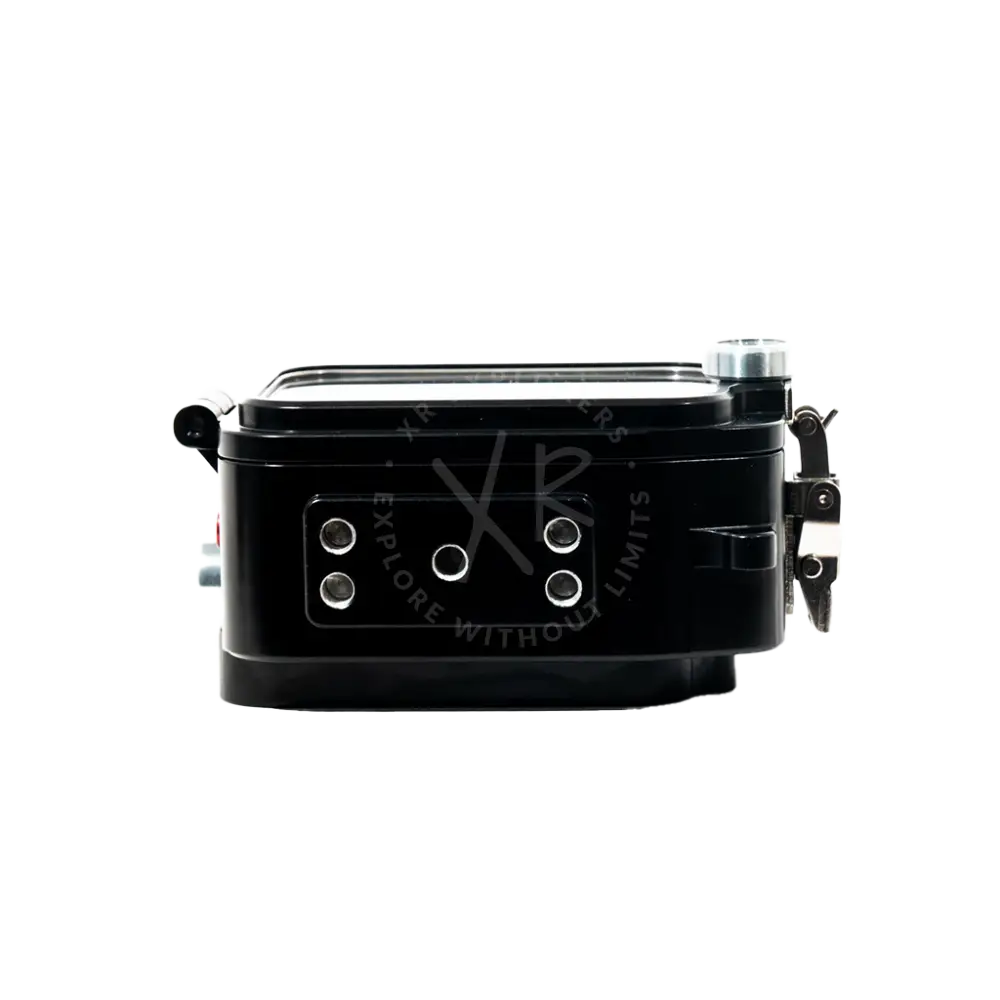 Black rectangular waterproof GoPro housing with silver accents and circular ports for camera protection