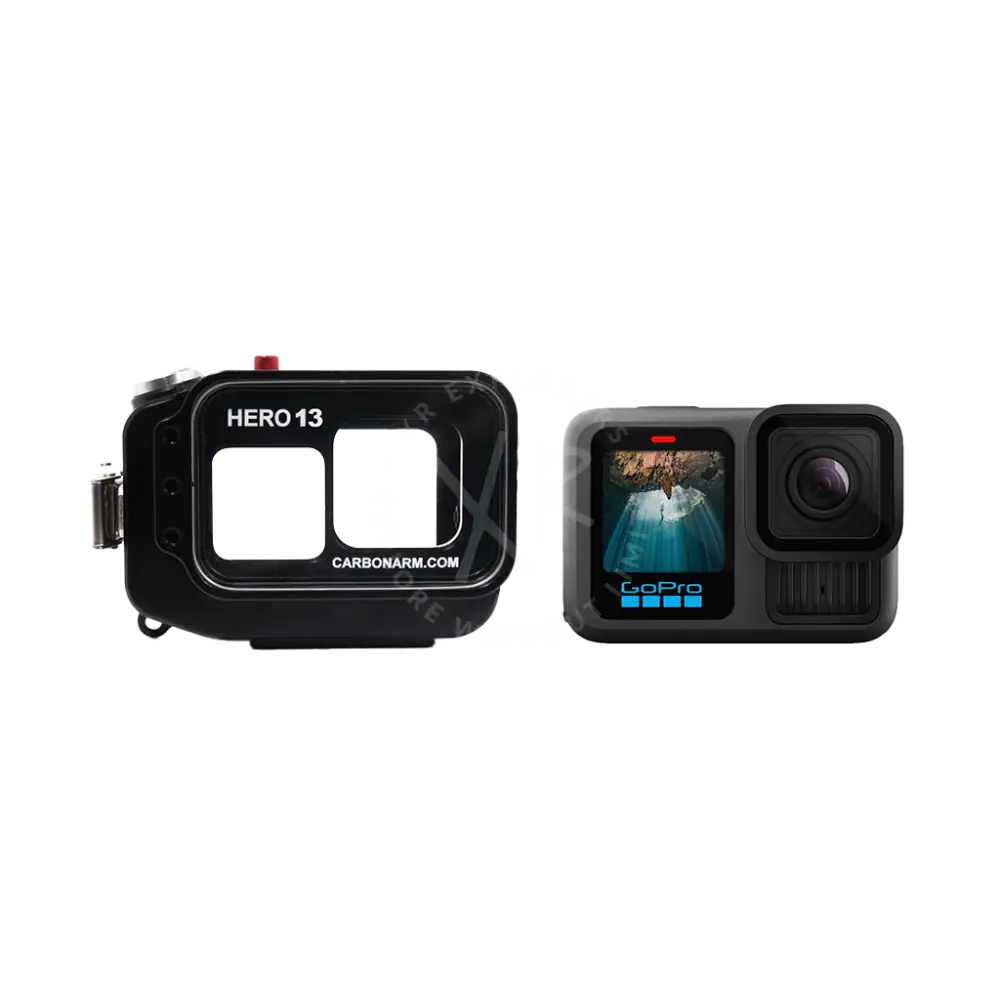 Black gopro hero 13 action camera in waterproof housing with underwater display screen for aquatic use