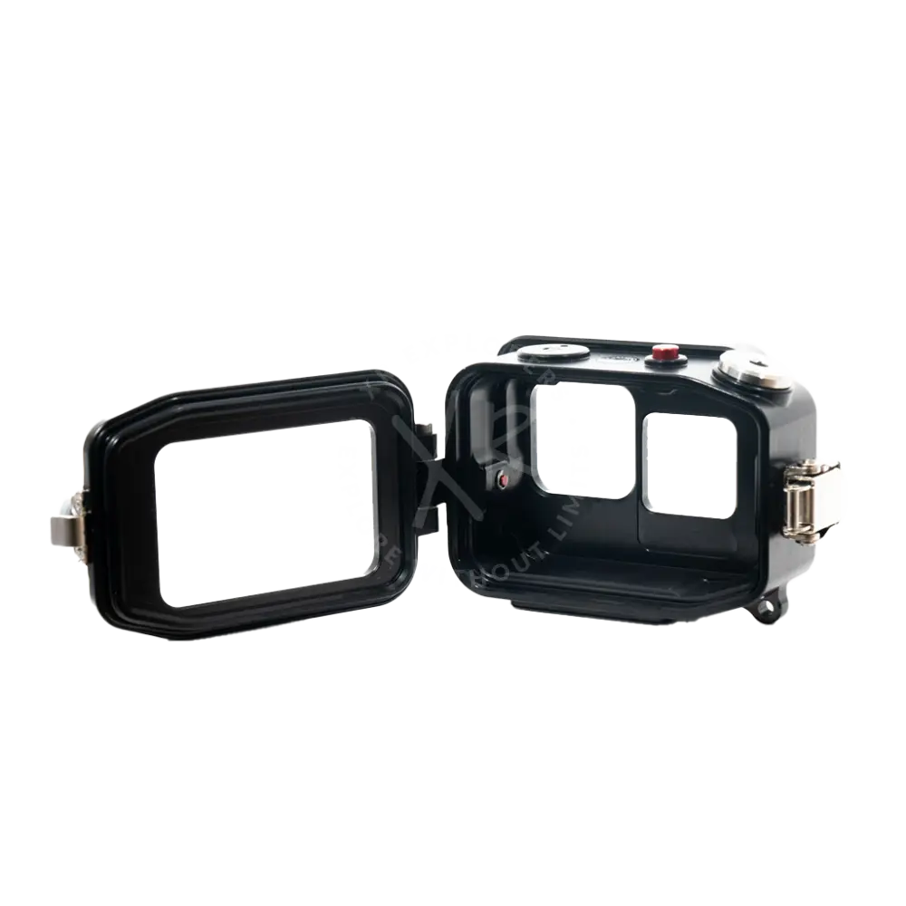 Black waterproof go pro housing with hinged lid and precise cutouts for lens buttons and ports
