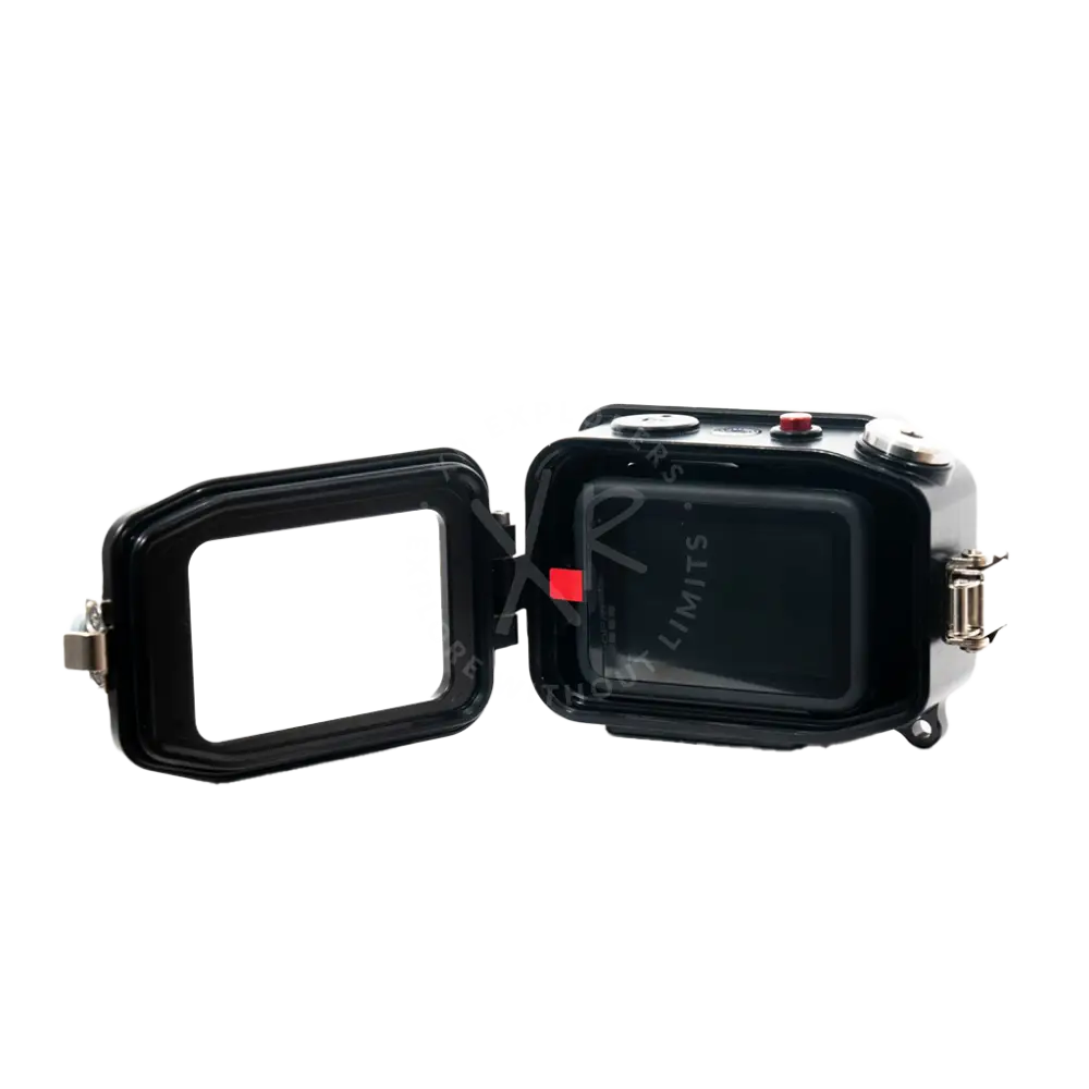 Black waterproof GoPro housing with clear window and red buttons for underwater camera protection
