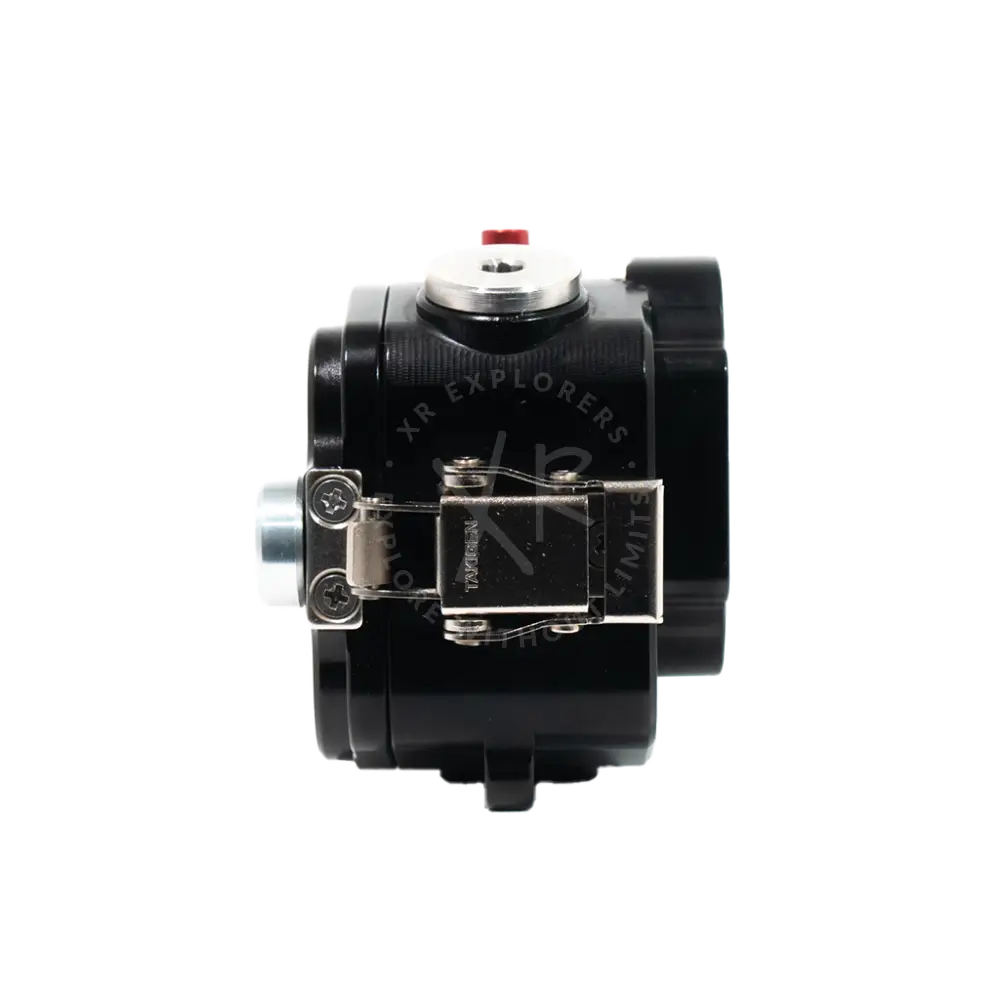Black industrial goPro housing pump with silver latch and red button on top for durable camera protection