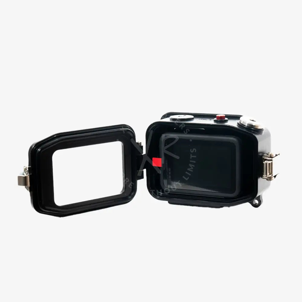 Black waterproof GoPro housing with clear window and red buttons for underwater camera protection